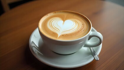 A cup of coffee with heart-shaped latte art on a wooden table.