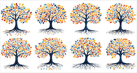 Abstract tree with roots and leaves, Tree with roots and multicolored leaves vector, Beautiful tree and roots, Abstract tree and colorful leaves