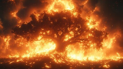 Naklejka premium Solitary Tree Ablaze in the Wildfire