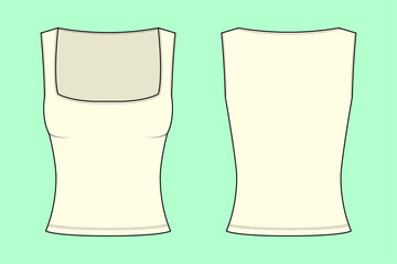 Ladies sleeveless top ecru colour flat sketch, outline, CAD, clothing mockup.