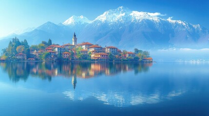 Lakeside Village Surrounded by Majestic Snow-Capped Mountains
