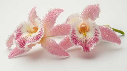 Fototapeta premium Elegant Pink Orchids with Water Droplets on White Background