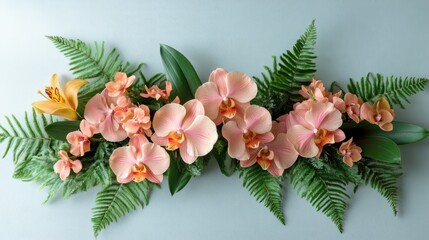 Obraz premium Elegant Arrangement of Pink Orchids and Ferns on Light Background