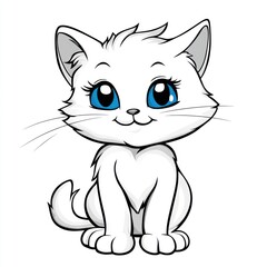 Obraz premium Cute white kitten cartoon digital art, sitting, white background, children's book illustration