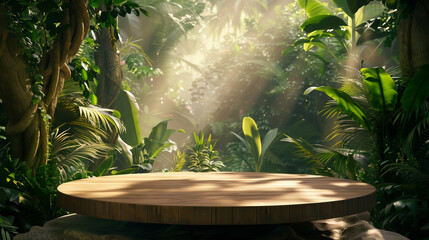 Wooden podium displaying summer cosmetics in tropical jungle - 3D illustration