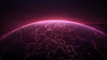 A vibrant digital representation of Europe at night, showcasing interconnected networks and data flow
