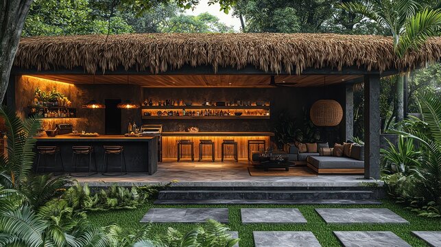 A tropical-inspired outdoor kitchen with a thatched roof, bar area, and tropical plants surrounding the space.