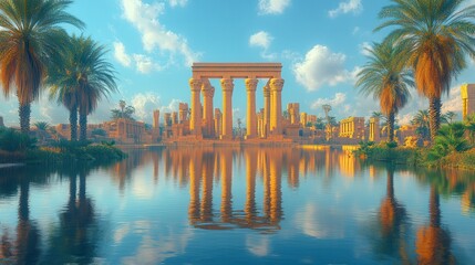 Majestic Egyptian Temple Reflecting in Serene Waters