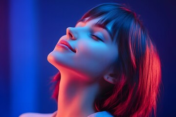 Fototapeta premium Serene Woman Neon Portrait Red Blue Light Closed Eyes Calm