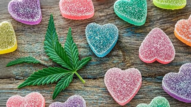 Colorful heart-shaped candies and cannabis leaves arranged artistically on a rustic wooden surface