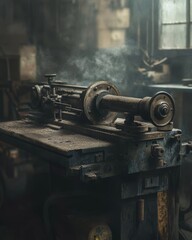 Fototapeta premium A serene photo of an antique lathe machine in a workshop covered in dust