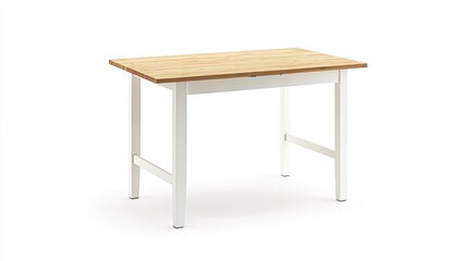 Fototapeta premium Simple light wood top table with white legs on white background.