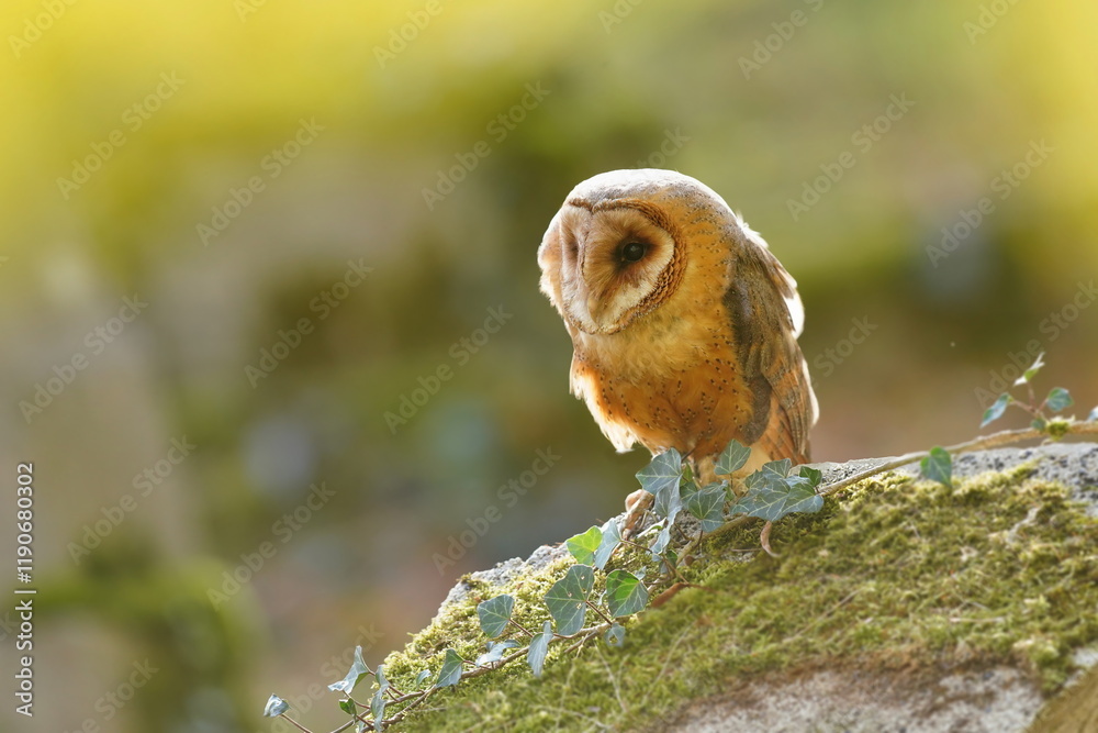 Wall mural A Barn owl sits on an old tombstone in the cemetery. Portrait of a owl in the nature habitat. Tyto alba