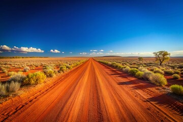 Naklejka premium Minimalist Outback Road: Lone Dirt Track Through Australian Desert Landscape
