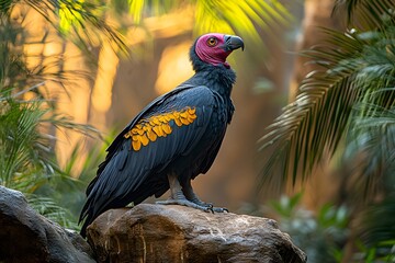 Majestic Vulture Displaying Colorful Plumage in Lush Jungle Setting