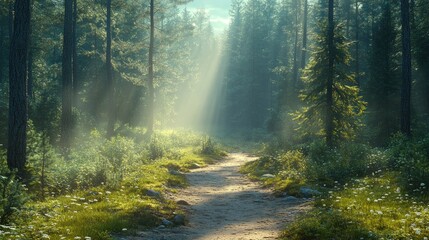 Fototapeta premium Sunbeams illuminate a misty forest path.