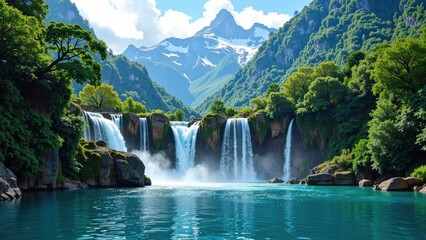Naklejka premium Captivating close-up of a majestic waterfall cascading into a serene pool, flanked by rugged rocks. Multiple streams emerge from rocky crevices, creating a mesmerizing aquatic dance