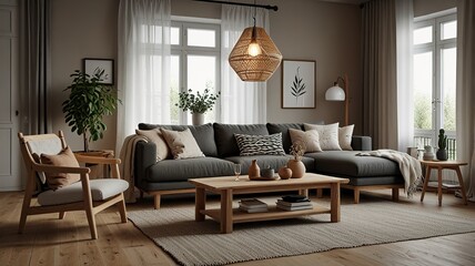 Fototapeta premium Cozy living room interior, Scandinavian style. Wooden furniture and elegant.