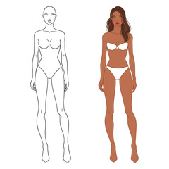 Eight-head fashion figure template. The female fashion croquis. Vector illustration of a young woman wearing lingerie, isolated on a white background.