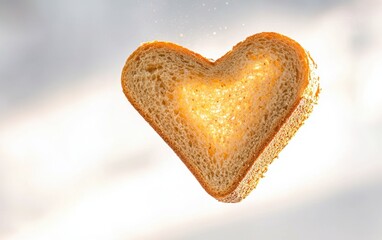 Fototapeta premium A heart-shaped piece of bread soaring in mid-air, with soft texture details, against a bright white backdrop