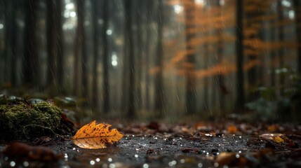 Single autumn leaf on forest ground during rainfall.