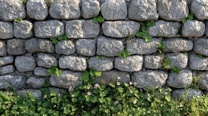 Lush Stone Wall Surrounded by Vibrant Greenery and Colorful Blossoms