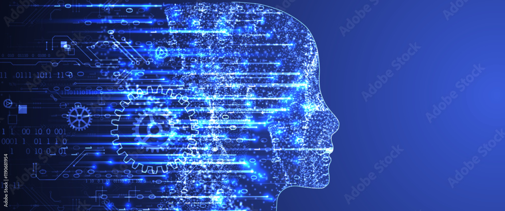 Poster Artificial Intelligence. Technical background with a silhouette of a man. Big data concept. Machine cyber mind.