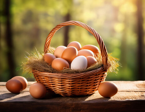 Fresh brown and white eggs sit in a rustic wicker basket on a wooden surface with a soft, blurred natural background.