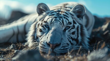 Rare beautiful siberian white tiger, laying on the groud