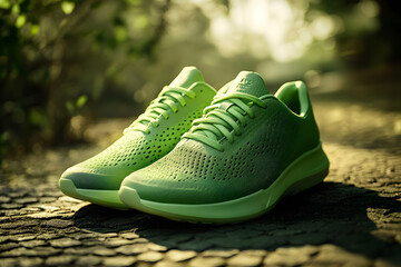 A clean pair of green sports sneakers placed on the ground, designed for comfort, flexibility, and peak performance in any athletic challenge.