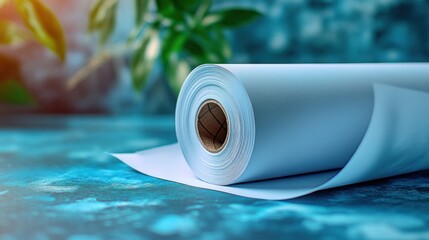 Roll of light blue paper on a blue surface.