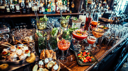 Wide-angle view of a luxurious cocktail bar setup with signature drinks and gourmet bar snacks, ideal for upscale hospitality, nightlife promotions, and modern dining experiences.
