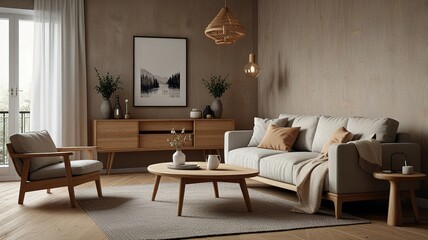 Cozy living room interior, Scandinavian style. Wooden furniture and elegant.