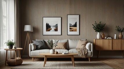 Cozy living room interior, Scandinavian style. Wooden furniture and elegant.