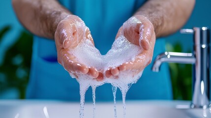 Fototapeta premium A man is washing his hands in a sink with a lot of water coming out