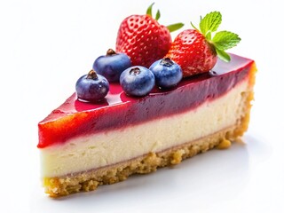Minimalist Strawberry Blueberry Cheesecake Slice Isolated on White