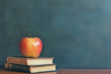 Classic Still Life Composition Featuring a Glowing Red Apple on Top of Two Stacked Vintage Books Against a Soft Blue-Gray Background Ideal for Education and Literature Themes