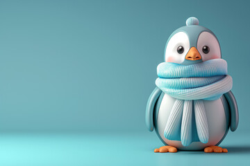 Obraz premium Cute Cartoon Penguin Wearing Scarf with Copyspace, Ice Blue Background, Winter Animal Theme