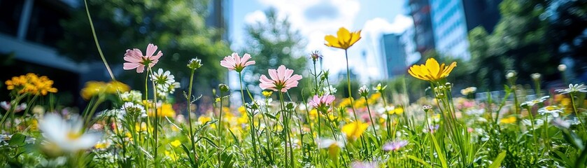 Fototapeta premium Beautiful Urban Flower Field with Colorful Wildflowers in a Bright City Park Surrounded by Modern Architecture and Natural Greenery