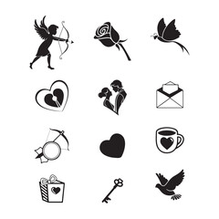 Valentine's Day love symbols, black and white sketch, romantic icons, hearts, flowers, cupid, rings, wine glasses, gift box.