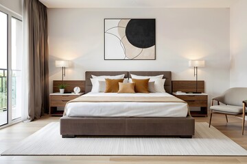 Modern white bedroom interior with a stylish earth tones furnitures