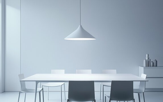 A minimalist dining area with a white table, sleek chairs, and a single pendant light fixture