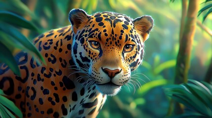 Fototapeta premium Majestic jaguar gazing through vibrant jungle foliage with sunlight filtering through leaves, showcasing the beauty of wildlife and natural habitats in vivid detail