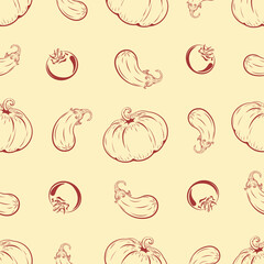 Vegetables are rich in essential vitamins for the human body, eggplant, tomato, design, art, pumpkin, vector, seamless pattern 