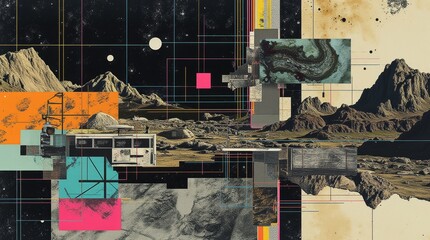 Minimalist print style collage poster, Abstract grunge backdrop, Retro futuristic graphic design style.