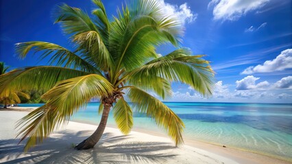Obraz premium Close-up shot of a beautiful palm tree on Paradise Island with its fronds gently swaying in the breeze, surrounded by soft white sand and crystal clear waters, close-up, palm tree