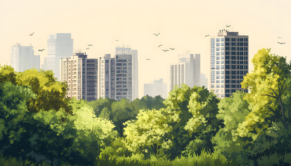 Cityscape view obscured by lush green trees and birds in flight