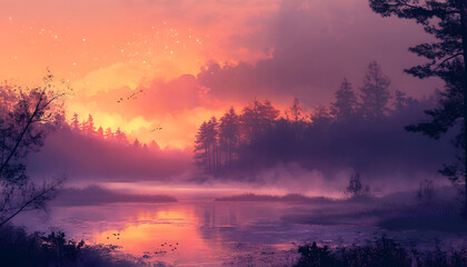 Serene Sunset Over Misty Forest Lake Landscape