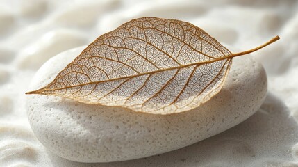 Serene Stillness: A Delicate Skeleton Leaf Resting on a Smooth Stone
