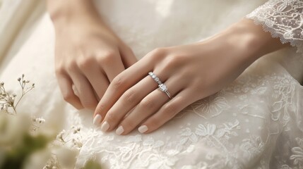 Graceful hands adorned with a stunning engagement ring rest gently on luxurious lace fabric, capturing the essence of romance and elegance during a heartfelt occasion of promise and love.